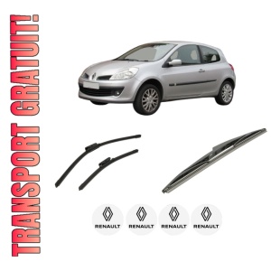 Set 3 stergatoare RENAULT CLIO III Hatchback Van (SB_, SR_) din 2005-2014, pentru parbriz si luneta fata si spate auto, Bosch Twin-Aerotwin, din cauciuc siliconat rezistent, 4 Stickere Auto RENAULT