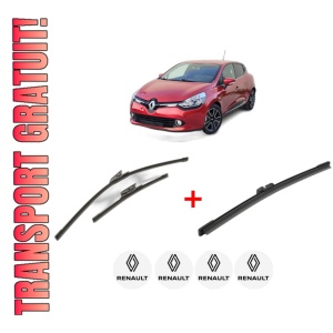 Set 3 stergatoare RENAULT CLIO IV Hatchback Van (BH_) din 2014 - 2021, pentru parbriz si luneta fata si spate auto, Bosch Aerotwin, din cauciuc siliconat rezistent, 4 Stickere Auto RENAULT