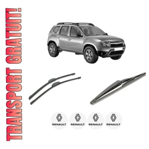 Set 3 stergatoare RENAULT DUSTER (HS_) din 2010-2018, pentru parbriz si luneta fata si spate auto, Bosch Twin-Aerotwin Retrofit, din cauciuc siliconat rezistent, 4 Stickere Auto RENAULT