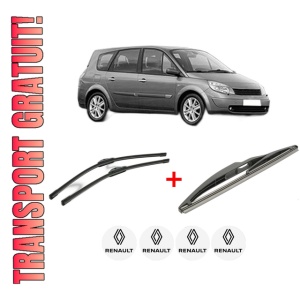 Set 3 stergatoare RENAULT GRAND SCENIC II (JM0/1_) din 2004 - 2009, pentru parbriz si luneta fata si spate auto, Bosch Twin, din cauciuc siliconat rezistent, 4 Stickere Auto RENAULT