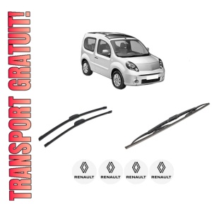 Set 3 stergatoare RENAULT KANGOO BE BOP (KW0/1_) din 2009-2012, pentru parbriz si luneta fata si spate auto, Bosch Twin-Aerotwin Retrofit, din cauciuc siliconat rezistent, 4 Stickere Auto RENAULT
