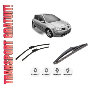 Set 3 stergatoare RENAULT MEGANE II Hatchback Van (KM0/2_) din 2003-2009, pentru parbriz si luneta fata si spate auto, Bosch Twin-Aerotwin, din cauciuc siliconat rezistent, 4 Stickere Auto RENAULT