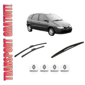 Set 3 stergatoare RENAULT MEGANE Scénic VAN (JA0/1_) din 1997-1999, pentru parbriz si luneta fata si spate auto, Bosch Twin-Aerotwin Retrofit, din cauciuc siliconat rezistent, 4 Stickere Auto RENAULT