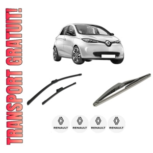 Set 3 stergatoare RENAULT ZOE (BFM_) din 2012-2019, pentru parbriz si luneta fata si spate auto, Bosch Twin-Aerotwin, din cauciuc siliconat rezistent, 4 Stickere Auto RENAULT