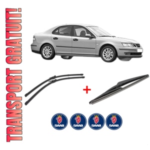 Set 3 stergatoare SAAB 9-3 (YS3F, E79, D79, D75) din 2002 - 2015, pentru parbriz si luneta fata si spate auto, Valeo Silencio, din cauciuc siliconat rezistent, 4 Stickere Auto SAAB