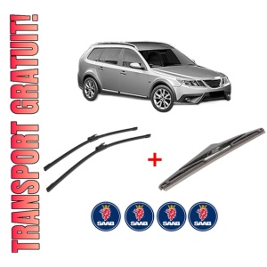 Set 3 stergatoare SAAB 9-3X (YS3) din 2009 - 2015, pentru parbriz si luneta fata si spate auto, Bosch Twin, din cauciuc siliconat rezistent, 4 Stickere Auto SAAB