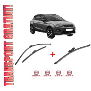 Set 3 stergatoare SEAT ARONA (KJ7, KJP) din 2017, pentru parbriz si luneta fata si spate auto, Valeo Silencio Xtrm, din cauciuc siliconat rezistent, 4 Stickere Auto SEAT
