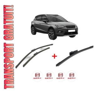 Set 3 stergatoare SEAT ARONA (KJ7, KJP) din 2017, pentru parbriz si luneta fata si spate auto, Bosch Aerotwin, din cauciuc siliconat rezistent, 4 Stickere Auto SEAT
