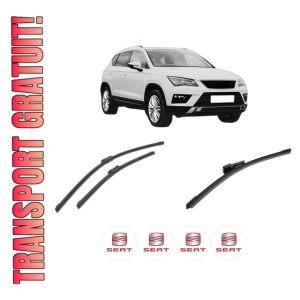 Set 3 stergatoare SEAT ATECA (KH7, KHP) din 2016-2021, pentru parbriz si luneta fata si spate auto, Bosch Aerotwin-Aerotwin, din cauciuc siliconat rezistent, 4 Stickere Auto SEAT