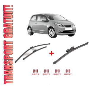 Set 3 stergatoare SEAT Mii (KF1, KE1) din 2011 - 2019, pentru parbriz si luneta fata si spate auto, Valeo Silencio Xtrm, din cauciuc siliconat rezistent, 4 Stickere Auto SEAT