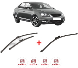 Set 3 stergatoare SEAT TOLEDO IV (KG3) din 2012 - 2019, pentru parbriz si luneta fata si spate auto, Valeo Silencio Xtrm, din cauciuc siliconat rezistent, 4 Stickere Auto SEAT v13090