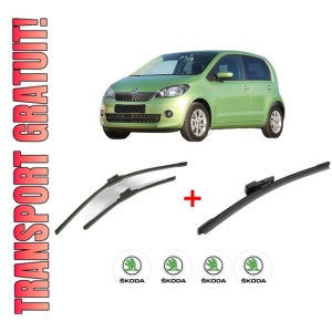 Set 3 stergatoare SKODA CITIGO (NF1) din 2011 - 2019, pentru parbriz si luneta fata si spate auto, Bosch Aerotwin, din cauciuc siliconat rezistent, 4 Stickere Auto SKODA