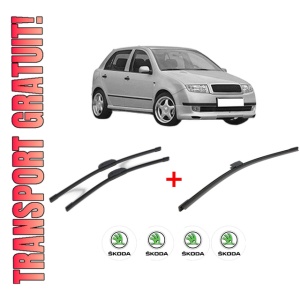 Set 3 stergatoare SKODA FABIA I (6Y2) din 1999 - 2008, pentru parbriz si luneta fata si spate auto, Bosch Aerotwin, din cauciuc siliconat rezistent, 4 Stickere Auto SKODA
