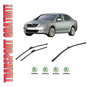 Set 3 stergatoare SKODA Octavia II (1Z3) din 2004-2013, pentru parbriz si luneta fata si spate auto, Bosch Aerotwin-Aerotwin Multi, din cauciuc siliconat rezistent, 4 Stickere Auto SKODA