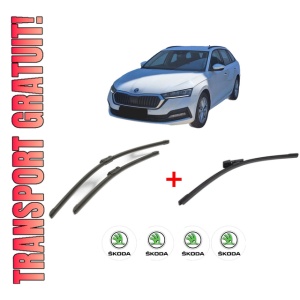 Set 3 stergatoare SKODA Octavia IV Combi (NX5, PV5) din 2019, pentru parbriz si luneta fata si spate auto, Bosch Aerotwin, din cauciuc siliconat rezistent, 4 Stickere Auto SKODA