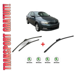 Set 3 stergatoare SKODA RAPID (NH3, NK3, NK6) din 2012 - 2022, pentru parbriz si luneta fata si spate auto, Bosch Aerotwin, din cauciuc siliconat rezistent, 4 Stickere Auto SKODA