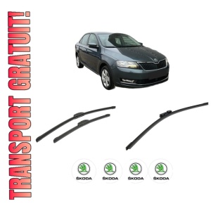 Set 3 stergatoare SKODA RAPID (NH3, NK3, NK6) din 2012-2022, pentru parbriz si luneta fata si spate auto, Bosch Aerotwin-Aerotwin Retrofit, din cauciuc siliconat rezistent, 4 Stickere Auto SKODA