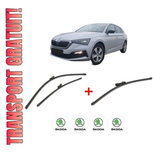 Set 3 stergatoare SKODA SCALA (NW1) din 2019, pentru parbriz si luneta fata si spate auto, Valeo Silencio Xtrm, din cauciuc siliconat rezistent, 4 Stickere Auto SKODA