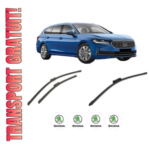 Set 3 stergatoare SKODA SUPERB IV (NZ3) din 2023-2025, pentru parbriz si luneta fata si spate auto, Bosch Aerotwin-Aerotwin, din cauciuc siliconat rezistent, 4 Stickere Auto SKODA