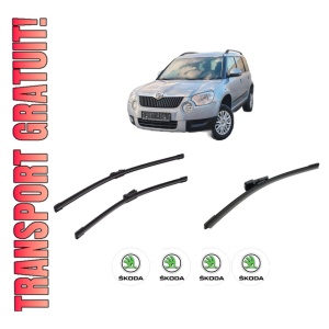 Set 3 stergatoare SKODA YETI (5L) din 2009-2017, pentru parbriz si luneta fata si spate auto, Bosch Aerotwin-Aerotwin, din cauciuc siliconat rezistent, 4 Stickere Auto SKODA