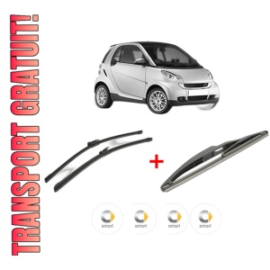 Set 3 stergatoare SMART FORTWO Coupe (451) din 2007 - 2012, pentru parbriz si luneta fata si spate auto, Bosch Twin, din cauciuc siliconat rezistent, 4 Stickere Auto SMART