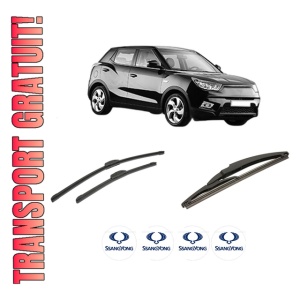 Set 3 stergatoare SSANGYONG Tivoli din 2015-2021, pentru parbriz si luneta fata si spate auto, Bosch Twin-Aerotwin Retrofit, din cauciuc siliconat rezistent, 4 Stickere Auto SSANGYONG