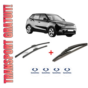 Set 3 stergatoare SSANGYONG Tivoli din 2015, pentru parbriz si luneta fata si spate auto, Bosch Twin, din cauciuc siliconat rezistent, 4 Stickere Auto SSANGYONG