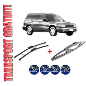 Set 3 stergatoare SUBARU FORESTER (SF_) din 1997 - 2002, pentru parbriz si luneta fata si spate auto, Bosch Twin, din cauciuc siliconat rezistent, 4 Stickere Auto SUBARU