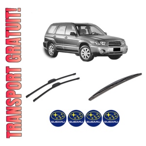 Set 3 stergatoare SUBARU FORESTER (SG_) din 2002-2008, pentru parbriz si luneta fata si spate auto, Bosch Twin-Aerotwin Retrofit, din cauciuc siliconat rezistent, 4 Stickere Auto SUBARU
