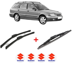 Set 3 stergatoare SUZUKI BALENO Estate (EG) din 1996 - 2002, pentru parbriz si luneta fata si spate auto, Bosch Twin, din cauciuc siliconat rezistent, 4 Stickere Auto SUZUKI v3786