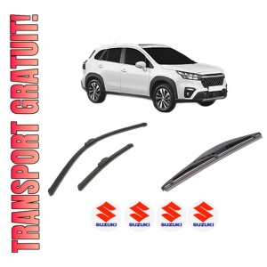 Set 3 stergatoare SUZUKI S-CROSS din 2022, pentru parbriz si luneta fata si spate auto, Bosch Twin-Aerotwin Retrofit, din cauciuc siliconat rezistent, 4 Stickere Auto SUZUKI