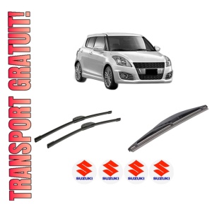 Set 3 stergatoare SUZUKI SWIFT IV (FZ, NZ) din 2010-2013, pentru parbriz si luneta fata si spate auto, Bosch Twin-Aerotwin Retrofit, din cauciuc siliconat rezistent, 4 Stickere Auto SUZUKI