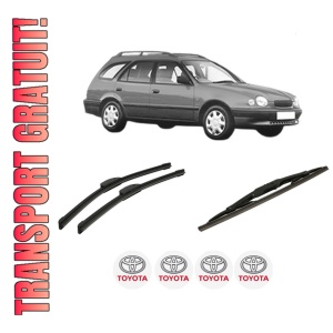 Set 3 stergatoare TOYOTA COROLLA Estate (_E11_) din 1997-2001, pentru parbriz si luneta fata si spate auto, Bosch Twin-Aerotwin Retrofit, din cauciuc siliconat rezistent, 4 Stickere Auto TOYOTA