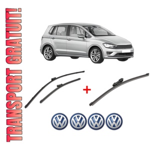 Set 3 stergatoare Volkswagen GOLF SPORTSVAN VII (AM1, AN1) din 2014 - 2020, pentru parbriz si luneta fata si spate auto, Valeo Silencio Xtrm, din cauciuc siliconat rezistent, 4 Stickere Auto VW