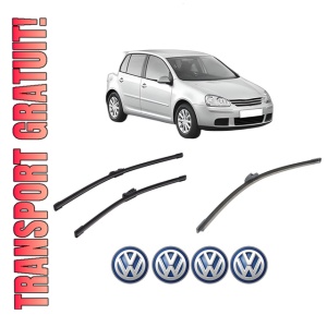Set 3 stergatoare Volkswagen GOLF V (1K1) din 2003-2009, pentru parbriz si luneta fata si spate auto, Bosch Aerotwin-Aerotwin, din cauciuc siliconat rezistent, 4 Stickere Auto Volkswagen