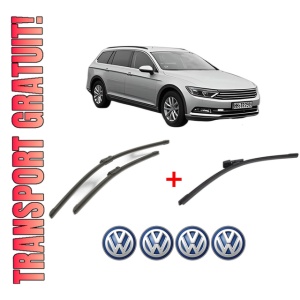 Set 3 stergatoare Volkswagen PASSAT ALLTRACK B8 Variant (3G5, CB5) din 2015 - 2024, pentru parbriz si luneta fata si spate auto, Bosch Aerotwin, din cauciuc siliconat rezistent, 4 Stickere Auto VW