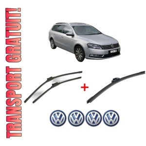Set 3 stergatoare Volkswagen PASSAT B7 Estate Van (365) din 2010 - 2014, pentru parbriz si luneta fata si spate auto, Bosch Aerotwin, din cauciuc siliconat rezistent, 4 Stickere Auto VW