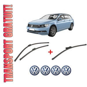 Set 3 stergatoare Volkswagen PASSAT B8 Variant (3G5, CB5) din 2014 - 2024, pentru parbriz si luneta fata si spate auto, Valeo Silencio Xtrm, din cauciuc siliconat rezistent, 4 Stickere Auto VW