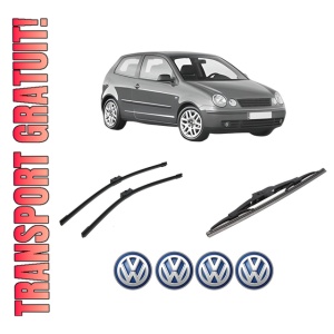 Set 3 stergatoare Volkswagen POLO IV (9N_, 9A_) din 2001-2009, pentru parbriz si luneta fata si spate auto, Bosch Twin-Aerotwin, din cauciuc siliconat rezistent, 4 Stickere Auto Volkswagen