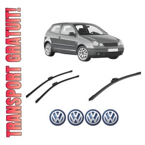Set 3 stergatoare Volkswagen POLO IV (9N_, 9A_) din 2001-2009, pentru parbriz si luneta fata si spate auto, Bosch Aerotwin-Aerotwin, din cauciuc siliconat rezistent, 4 Stickere Auto Volkswagen
