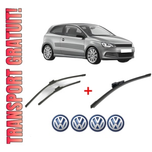 Set 3 stergatoare Volkswagen POLO V (6R1, 6C1) din 2009 - 2022, pentru parbriz si luneta fata si spate auto, Bosch Aerotwin, din cauciuc siliconat rezistent, 4 Stickere Auto VW