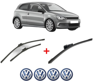 Set 3 stergatoare Volkswagen POLO V (6R1, 6C1) din 2009 - 2022, pentru parbriz si luneta fata si spate auto, Bosch Aerotwin, din cauciuc siliconat rezistent, 4 Stickere Auto VW v6071