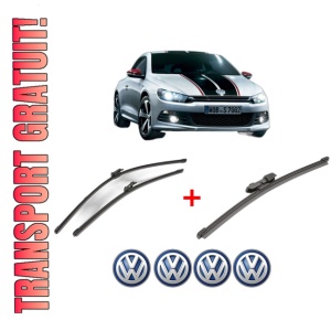 Set 3 stergatoare Volkswagen SCIROCCO Van (137) din 2009 - 2014, pentru parbriz si luneta fata si spate auto, Valeo Silencio Xtrm, din cauciuc siliconat rezistent, 4 Stickere Auto VW