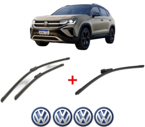 Set 3 stergatoare Volkswagen TAOS (CL1, CP1, CQ1) din 2020, pentru parbriz si luneta fata si spate auto, Bosch Aerotwin, din cauciuc siliconat rezistent, 4 Stickere Auto VW v5891