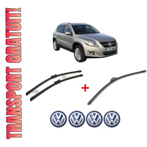 Set 3 stergatoare Volkswagen TIGUAN VAN (5N_) din 2007 - 2018, pentru parbriz si luneta fata si spate auto, Bosch Aerotwin, din cauciuc siliconat rezistent, 4 Stickere Auto VW