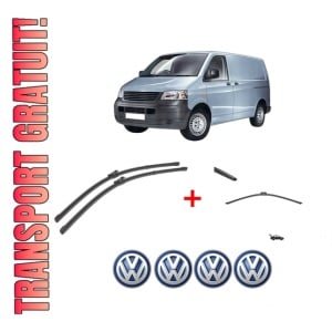 Set 3 stergatoare Volkswagen TRANSPORTER T5 Van (7HA, 7HH, 7EA, 7EH) din 2003 - 2015, pentru parbriz si luneta fata si spate auto, Valeo Silencio, din cauciuc siliconat rezistent, 4 Stickere Auto VW