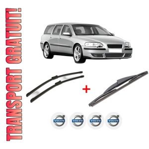 Set 3 stergatoare VOLVO V70 II (285) din 1999 - 2008, pentru parbriz si luneta fata si spate auto, Bosch Twin, din cauciuc siliconat rezistent, 4 Stickere Auto VOLVO