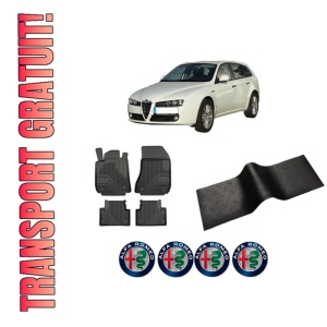 Set 5 covorase auto ALFA ROMEO 159 Sportwagon (939_) din 2010-2018, cu covoras tunel median, presuri auto din cauciuc, 4x Stickere auto cu ALFA ROMEO