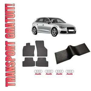 Set 5 covorase auto AUDI A3 Sportback (8VA, 8VF) din 2008-2018, cu covoras tunel median, presuri auto din cauciuc, 4x Stickere auto cu AUDI