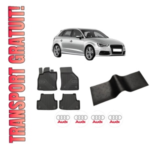 Set 5 covorase auto AUDI A3 Sportback (8VA, 8VF) din 2008-2018, cu covoras tunel median, presuri auto din cauciuc, 4x Stickere auto cu AUDI